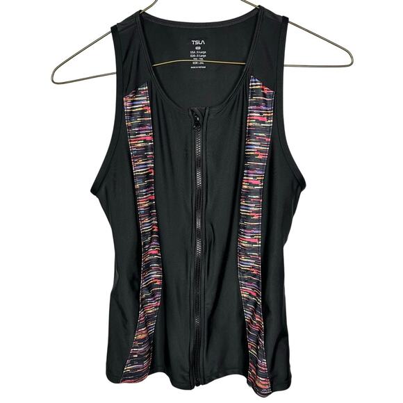 TSLA Black Multi Color Front Zipper Closure Hidden Cami Scoop Neck Top Womens XL - Picture 1 of 7